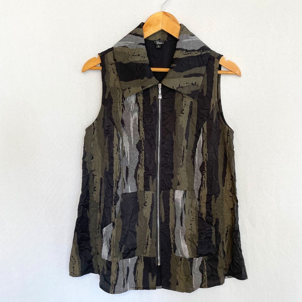 SHANA Women's Small Wide Collar Full Zip A-line Tunic Vest Pockets